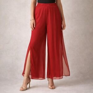 Vintage Y2K Wide Leg Palazzo Pants 10P Red Satin Sheer Chiffon Overlay Evening